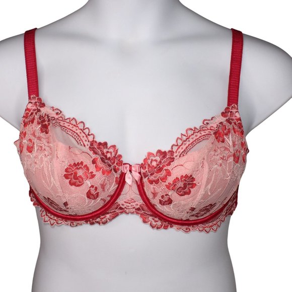 Soma Flirtation Balconet Collection Chantilly Lace Retro Bra Pink Red Size 36D - Picture 1 of 10
